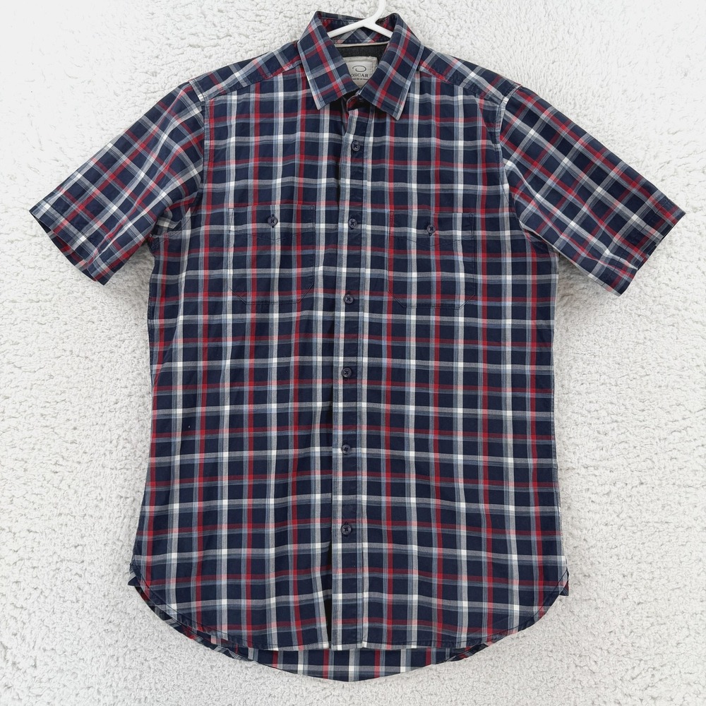 Oscar De La Renta Shirt Mens Small Blue Red Plaid Short Sleeve Button Up Casual